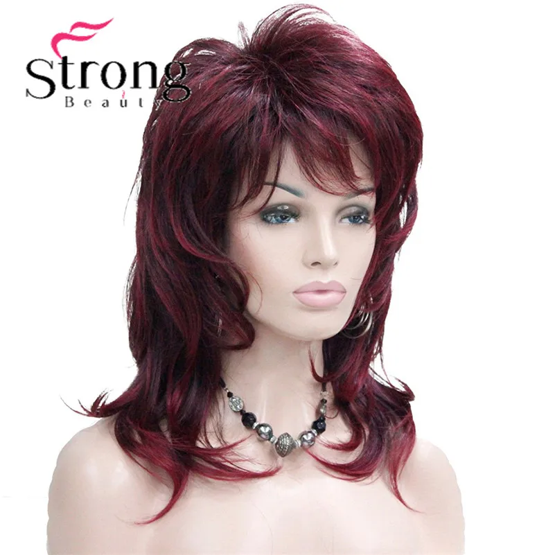 StrongBeauty Long Soft Shaggy Layered Wine Red Ombre Classic Cap Full Synthetic Wig Women\'s Wigs