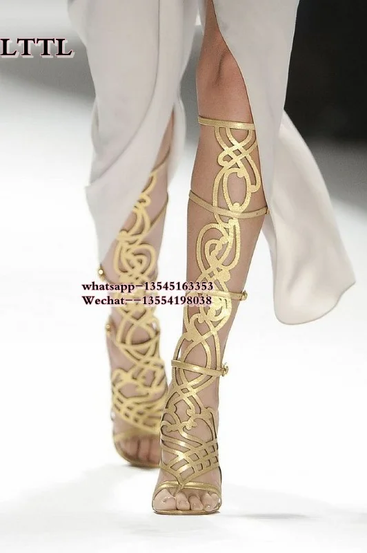 Fashion sexy Gold Graphic Gladiator Sandal Boots High Heel Cut-out Knee High Women Dress Shoes Designer Clip-toe sandal Boots