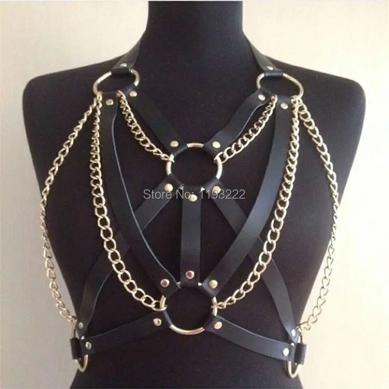 

Punk Pastel Goth Handmade Harness Cross Leather Caged Chain Chest Bra Top Leather Waist Belt Straps