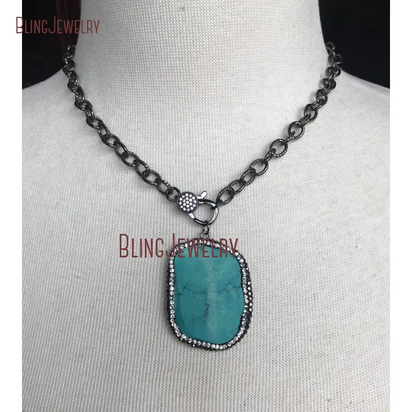 Gunmetal Pave Crystal Clasp Choker with   Turquoises Stone Pendant on  Texturized Chain NM18730