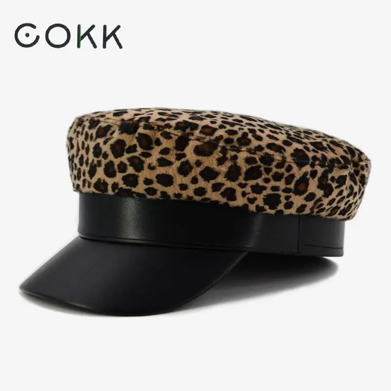 

COKK Beret Caps Ladies Fashion Leopard Print Beret Hats For Women Flat Caps Female Military Cap Gold Color Buckle Boina Feminina