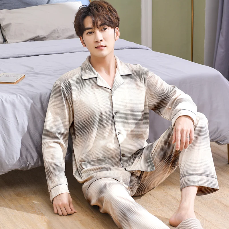 

Fashion cardigan pyjamas for man knit full cotton casual autumn pajamas sets men sleepwear pijamas hombre pajamers for men