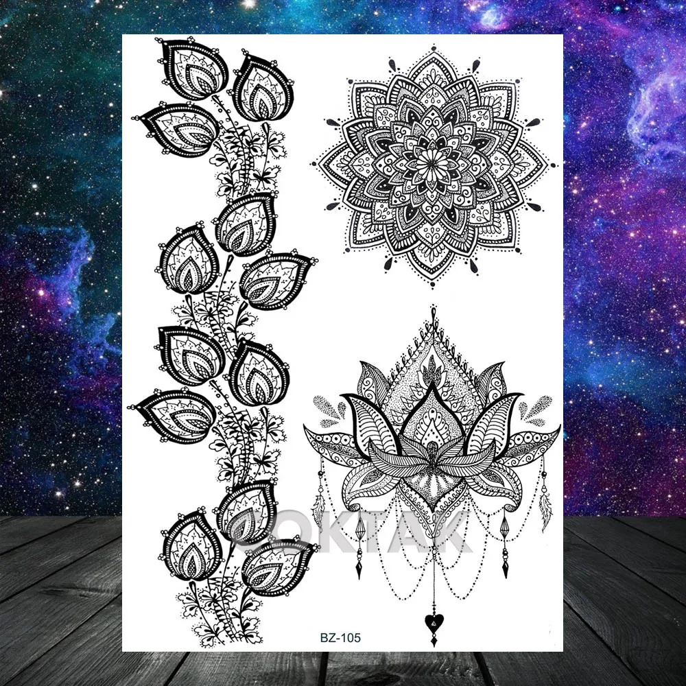 Índia henna, flor de mandala, leão temporário personalizado, adesivos de tatuagem preta, penas de totem, para mulheres, rendas, tatuagens temporárias para braço e corpo de meninas