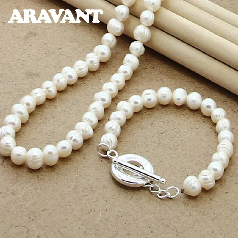 Simulated Pearl Jewelry Sets For Women Fashion 925 Silver Necklace Bracelet Wedding Jewelry