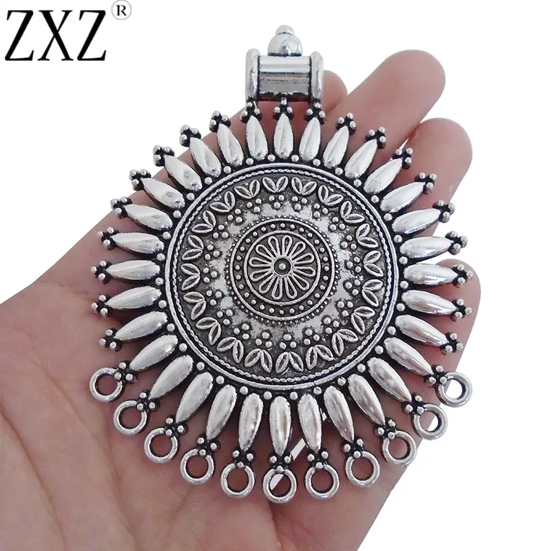 ZXZ 2pcs Tibetan Silver Large Tribal Bohemia Boho Round Flower Connectors Charms Pendants for Necklace Jewelry Making Findings