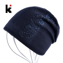 Rhinestone Solid Knitted Beanie Caps Women Autumn And Winter Beanies Bonnet Female Hiver Bonnets Femmes Girls Skullies Hat Gorro