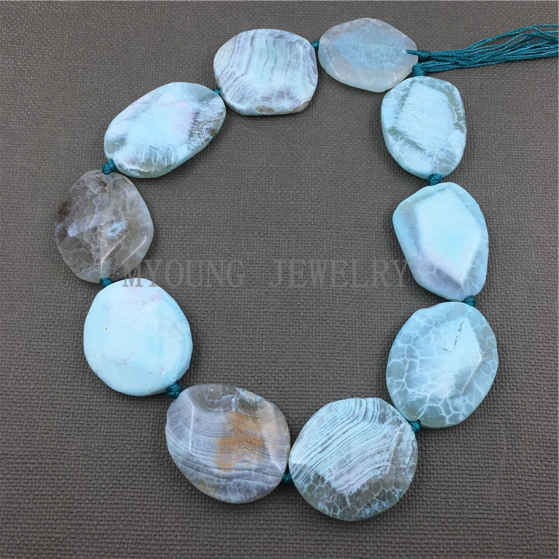 Oval Faceted Crackle Blue Dragon Vein Agates Slab Slice Drilled Stone Pendant Beads For DIY Jewelry MY1129