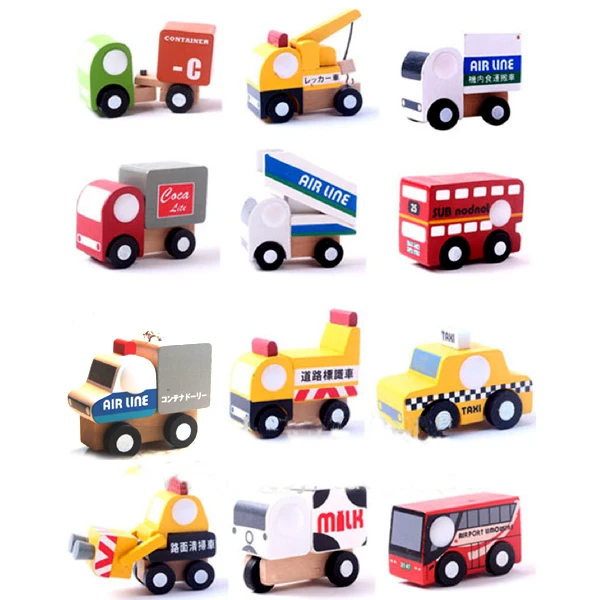 X004 12 pcs new wooden car model toys educational toys for children of taxi car milk food crane bus stands on two floors