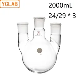 YCLAB 2000mL 24/29 * 3 Distillation Flask 2L Straight Shape with Three Necks Standard Ground Mouths Distilling Round Bottom