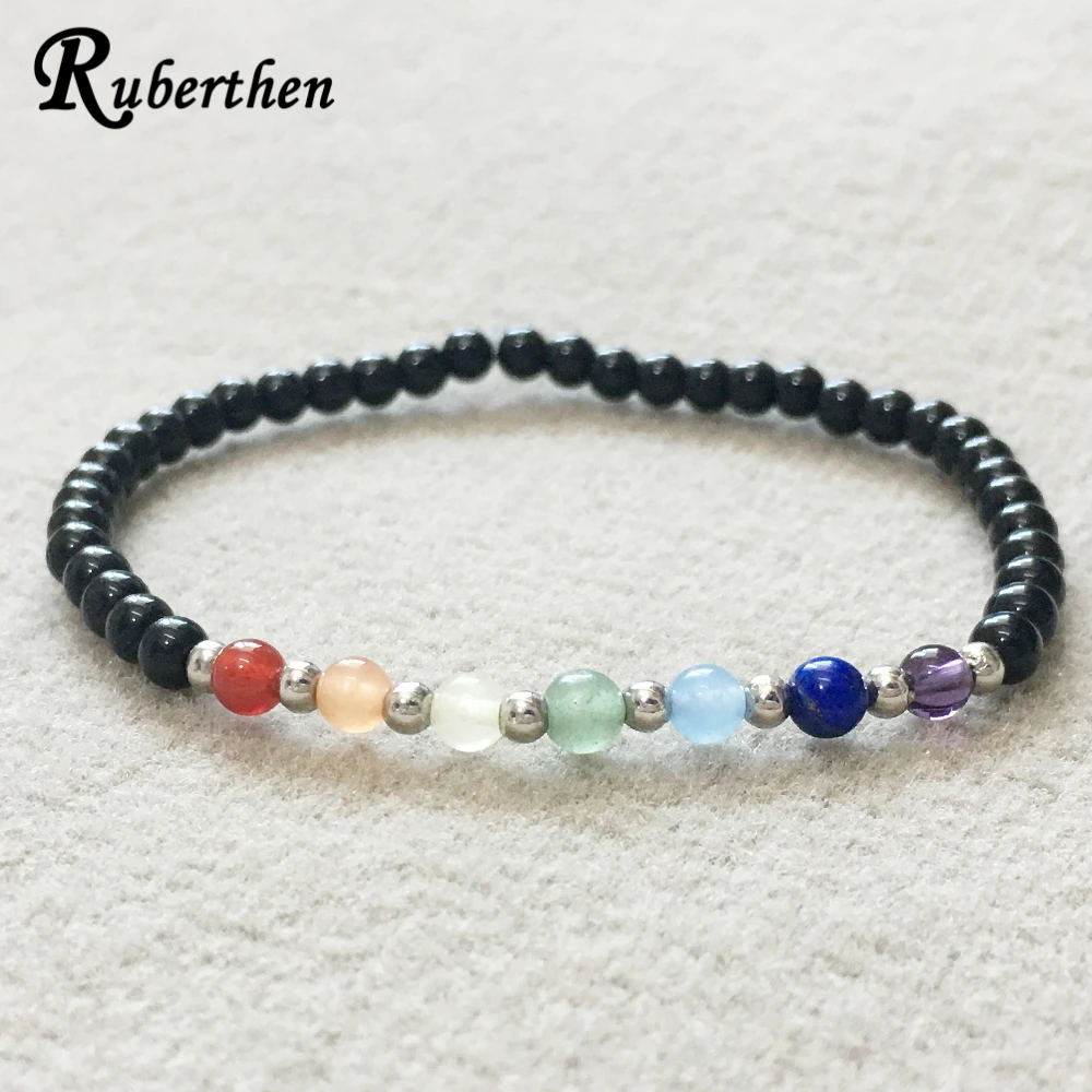 Ruberthen New Bracelet 4 mm AA Grand Black Tourmaline 7 Chakra Beads Bracelet Mini Gemstone Yoga Energy Jewelry For Women