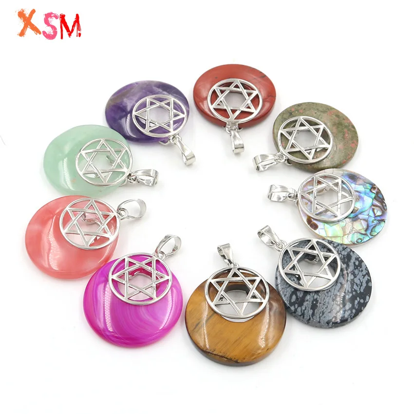 xinshangmie Star of David Round Hollow Pendant for Necklace Natural Amethysts Abalone Shell Rock Crystal Women Men Jewelry 1 Pcs