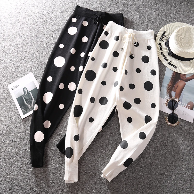 

Knitted elastic waist ankle length pant new fashion loose polka dot sports pants casual wild harem pants