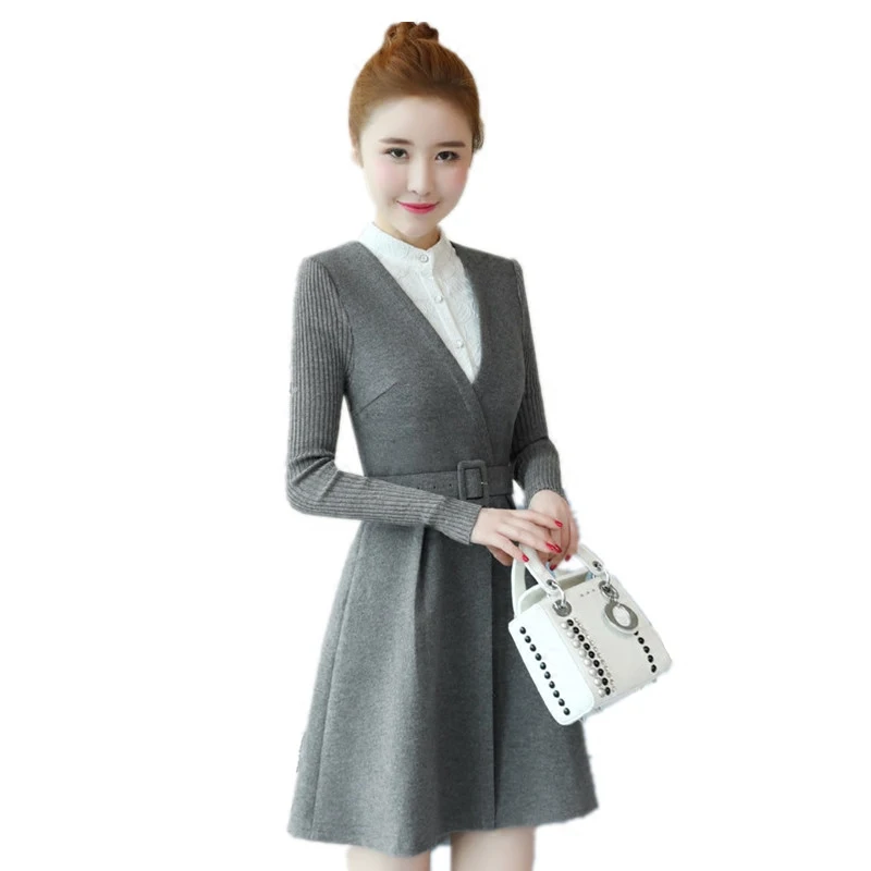 Long sleeves woolen dress female spring and autumn new fake two lace stitching A-shaped thickened dress