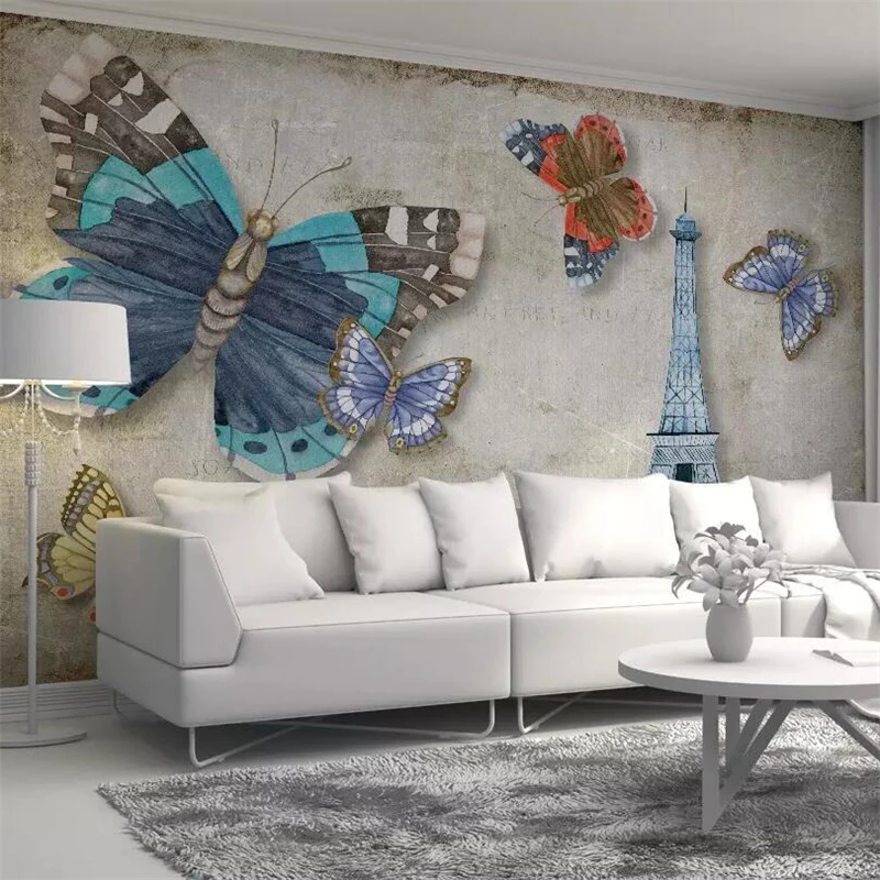 

beibehang Custom wallpaper 3d photo mural modern nostalgic retro butterfly paris tower background wall paper 3d papel de parede