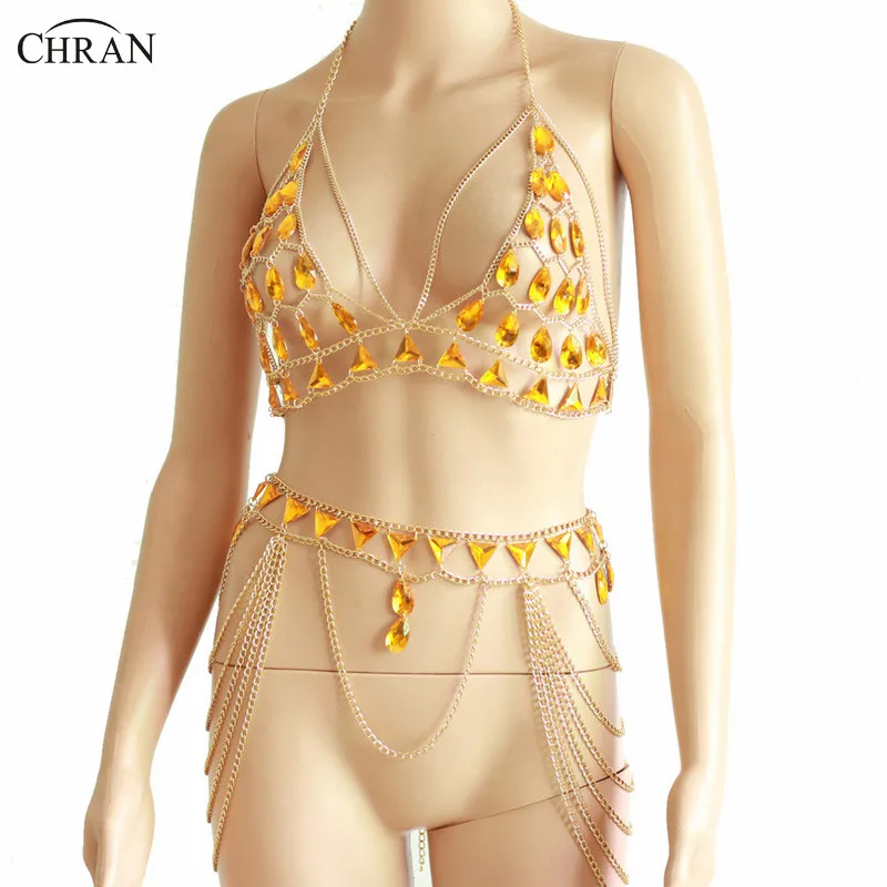 Chran Festival Cosplay Wear Sequin Chainmail Bralette Body Chain Jewelry Sexy Bikini Multilayer Chain Skirt