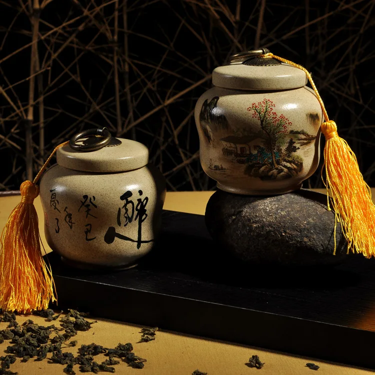 Small size, Genuine landscape pottery tea caddy, ceramic jar, Black, oolong tea, puer tea Storage tank,special~