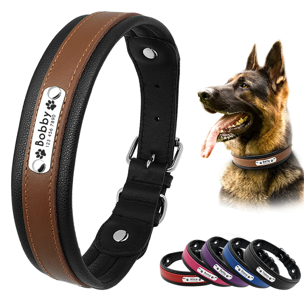 

Personalized Big Dog Collar Soft Padded Leather Dog Collars Engraved Pet ID Tags German Shepherd Collars For Large Dogs Pitbull