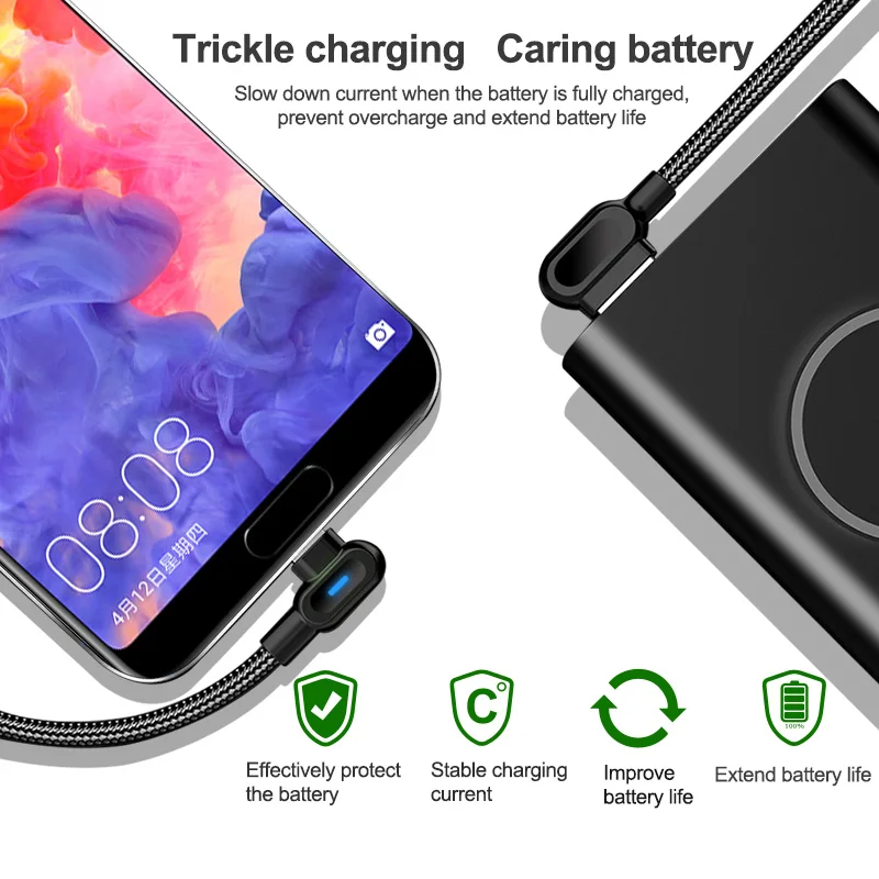 OLAF USB Type C Cable 1m 2m Fast Charge Data Cord 90 degree Type-C USB C Charging Cable For Xiaomi Redmi Huawei Samsung S10 S9