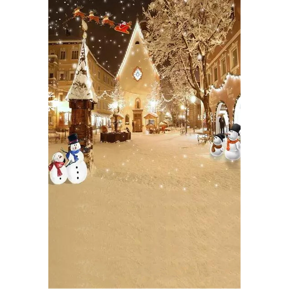 

Falling Snowflakes Snowman Backdrop Photography Printed Santa Claus Elks Outdoor Winter Scenic Merry Christmas Photo Background