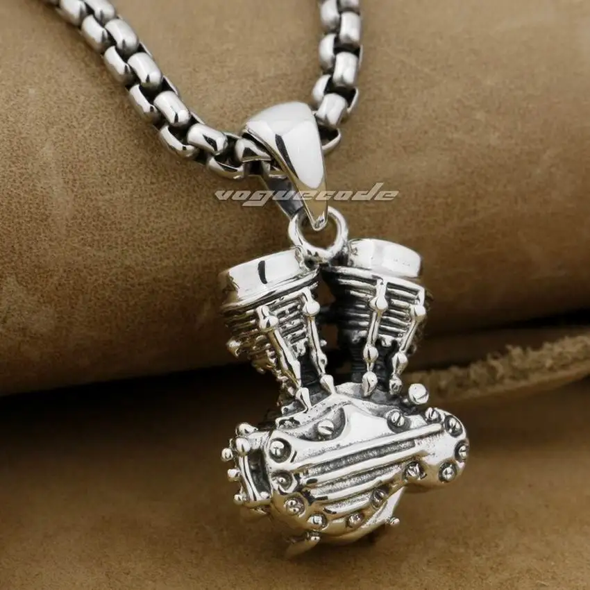 

LINSION 925 Sterling Silver Motorcycle Engine Mens Biker Rock Punk Pendant 9H015