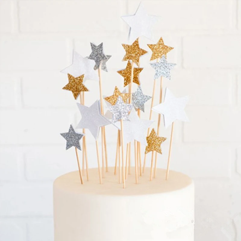 6 Pcs Glitter Gold Silver Star Cake Cake Topper Happy Birthday Decoration Engagement For Birthday Party Wedding Supplies