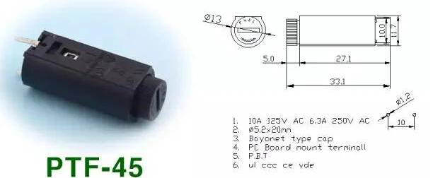 

PTF45 Vertical Fuse Holder PTF-45 5*20mm Panel Mount Fuse Holder x 100pcs