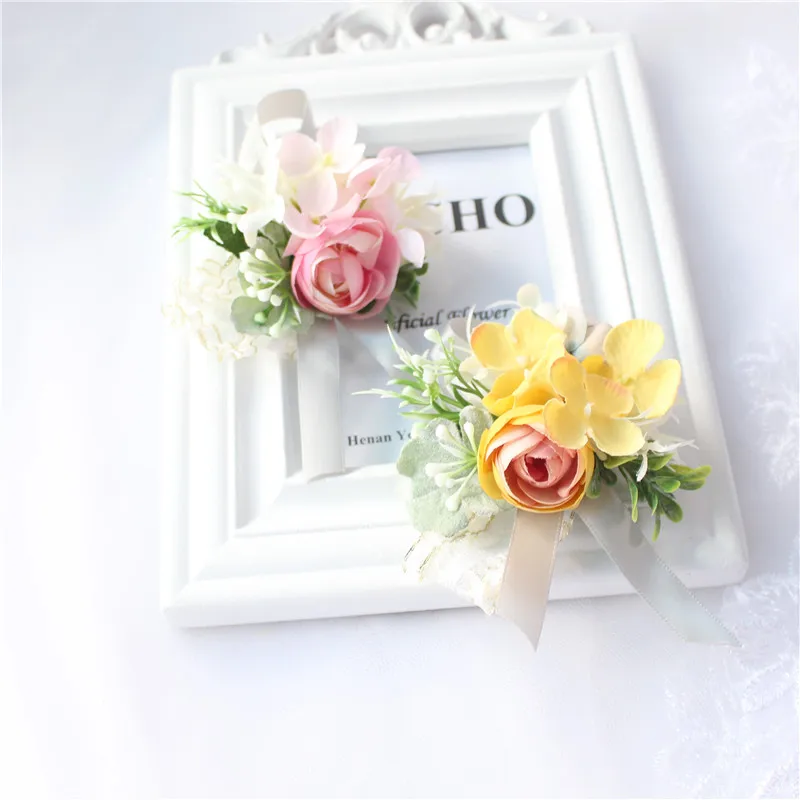 YO CHO – Roses en soie pour mariage, corsage au poignet, boutonnières, fleurs blanches pour la mariée, décor de bouton de marié, fournitures pour homme