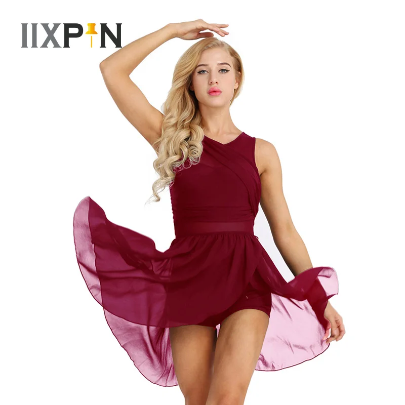 

IIXPIN Women Ballet Dance dress ballerina dance Costumes Sleeveless Cut Out Asymmetric Chiffon Stretchy Gymnastics Leotard Dress