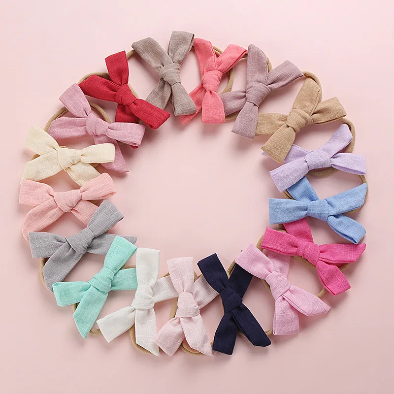 100 pcs/lot , Hand Tied Cotton Linen Hair Bow Nylon headband, School Girl Bow Headbands Hair Accessory