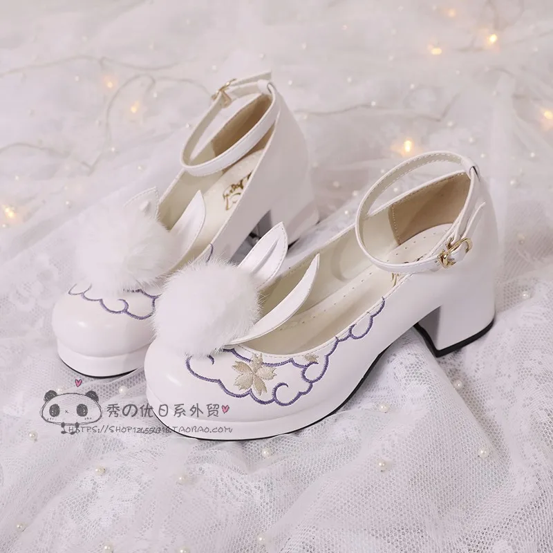 Lolita High Heel Student Shoes Lolita Rabbit Ears Hair Ball Japanese Middle Heel japanese Sweet Lolita Shoes Cos