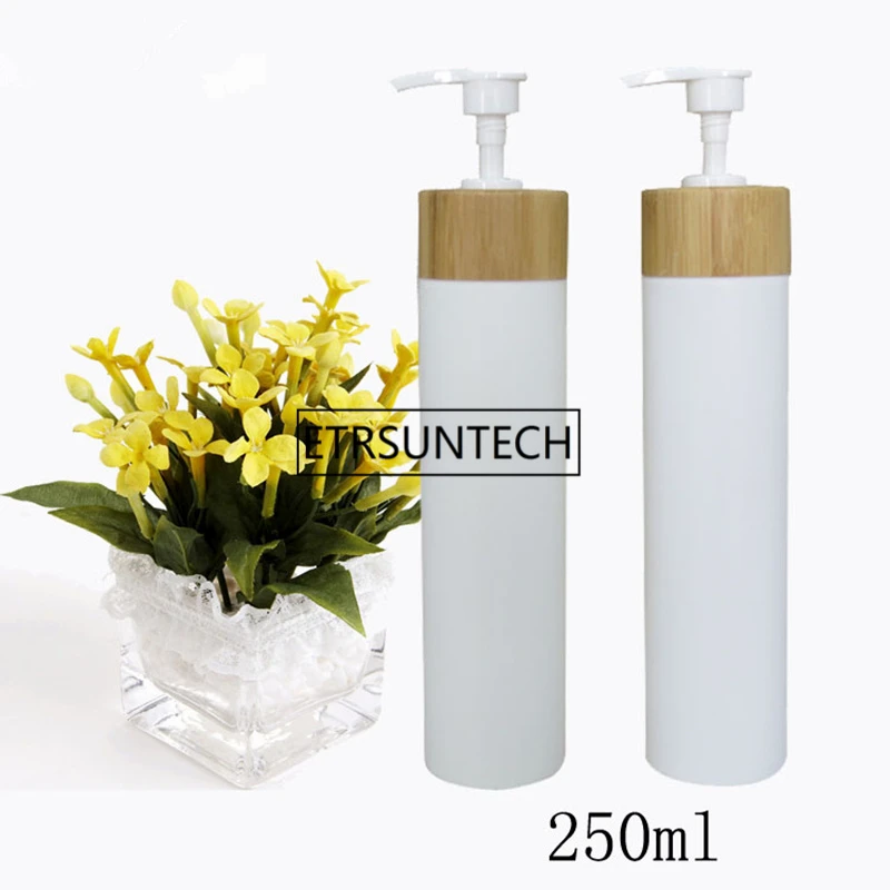 250ml white PE bottle with bamboo pumps tops,plastic lotion bottle with bamboo pump head for shampoo F1364