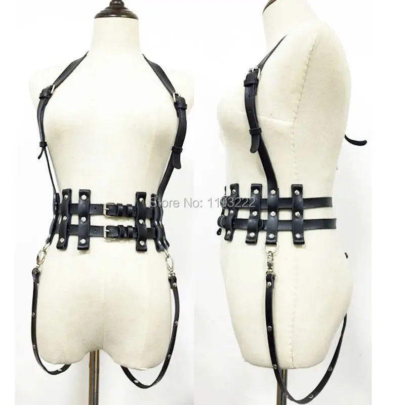 

Sexy Punk Gothic Handcrafted Party Club Pub Leather Halter Harness Underbust Cross Waist Cincher Belt Straps