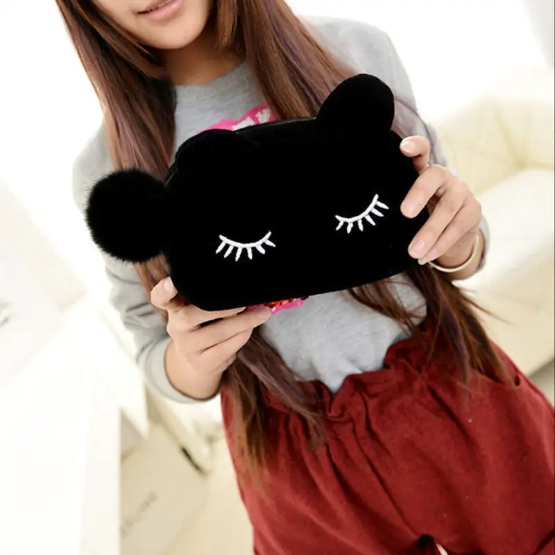 ISKYBOB Portable Cartoon Cat Coin Storage Case Travel Makeup Flannel Pouch Cosmetic Bag image 3