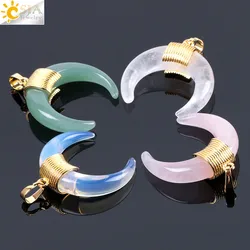 CSJA 42x34x10mm Fashion Natural Stone Crescent Half Moon Pendant Without Chain Charming Crystal Beads Wire Fit DIY Necklace F064