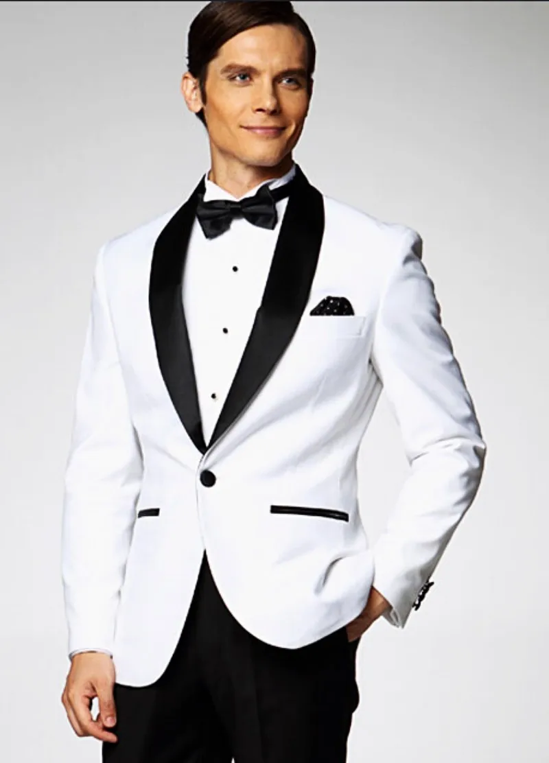 

New men white suits slim fit One Button Black Satin Lapel suit pants jacket Groom Tuxedos Men dress for Wedding/smoking tuxedos