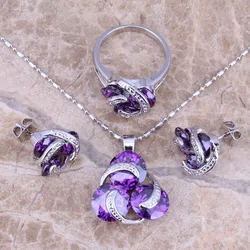 Distinctive Purple Cubic Zirconia Silver Plated Jewelry Sets Earrings Pendant Ring Size 6 / 7 / 8 / 9 / 10 S0125