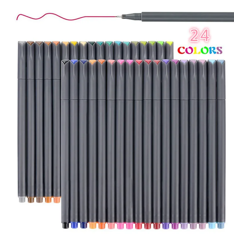 24Pcs/Set Colors 0.4 MM Fineliner Pens Superfine Marker Pen Water Based Assorted Ink Arts Drawing For Graffiti Hook Fiber Pen