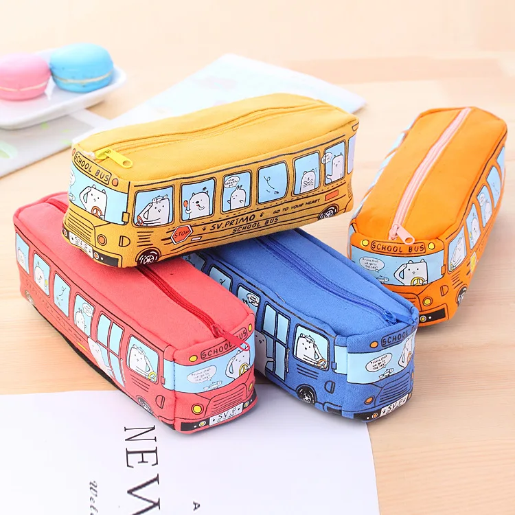 Novelty Animals School Bus Shape Canvas Pencil Case Stationery Storage Organizer Bag School Office Supply Escolar Papelaria