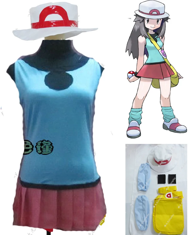 Fire Red and LeafGreen Leaf cosplay costume with hat and bag Halloween Outfit 11