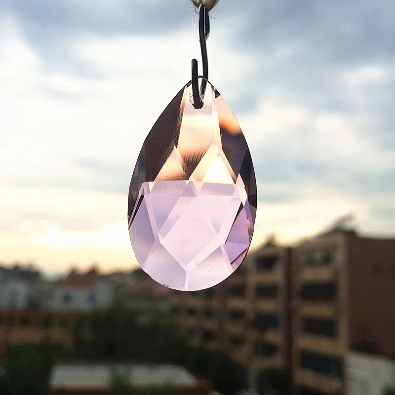 Top Quality 50pcs/lot 38*21mm Pink Angel\'s Tears Faceted Crystal Chandelier Prisms Glass DIY Suncatcher Accessories(+Free rings)
