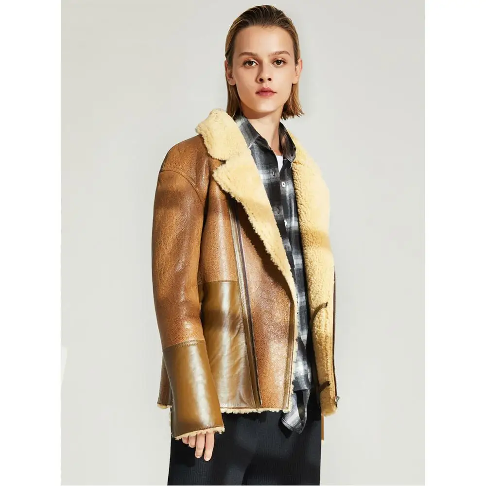 

Denny&Dora Womens Bomber Brown Shearling Jacket