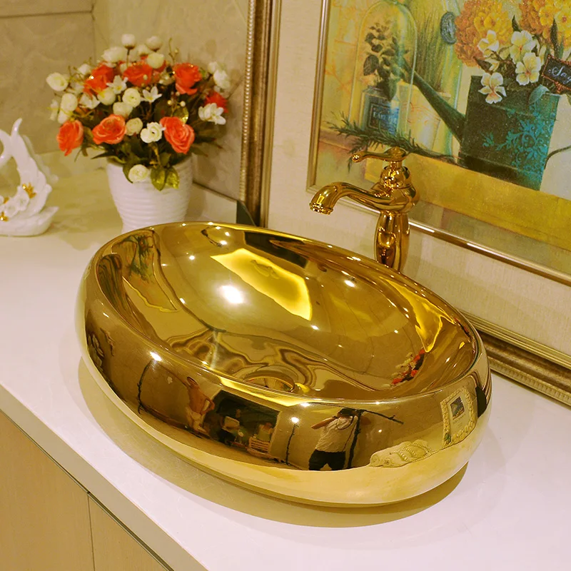 Gold Oval Shape Europe Vintage Style Art wash basin Ceramic Counter Top Wash Basin Bathroom Sinks wash basin bowl