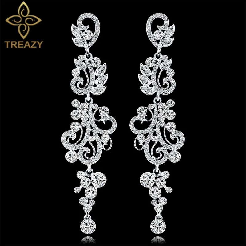 TREAZY 2019 New Silver Color Crystal Long Dangle Earrings for Women Wedding Drop Earings Bridal Brincos Fashion Jewelry Gifts