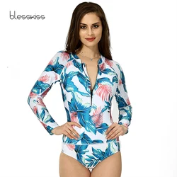 1 One Piece Swimsuit Women 2022 Plus Size Long Sleeve Zipper Swimwear Bathing Suit Print Floral Onepiece Swim Suit Surfing Wear