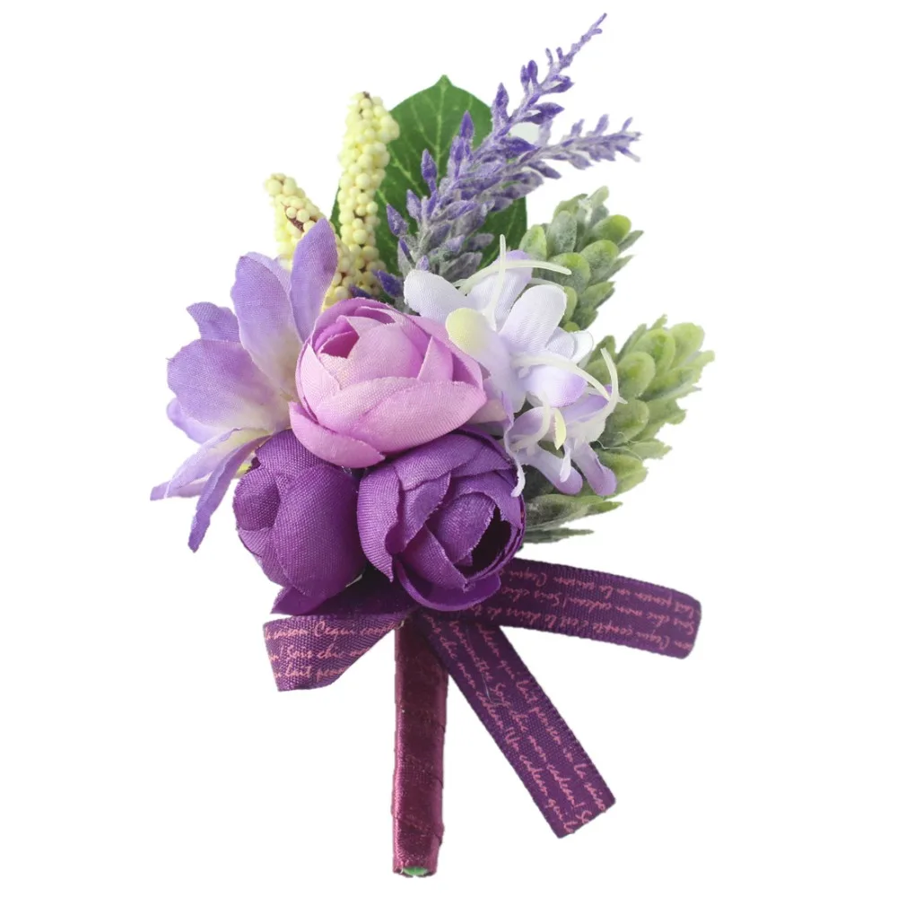 Boutonnière violette CHO Balance pour hommes, broche de mariage, fleurs artificielles, bracelet de demoiselles d'honneur, corsage de poignet de Rh