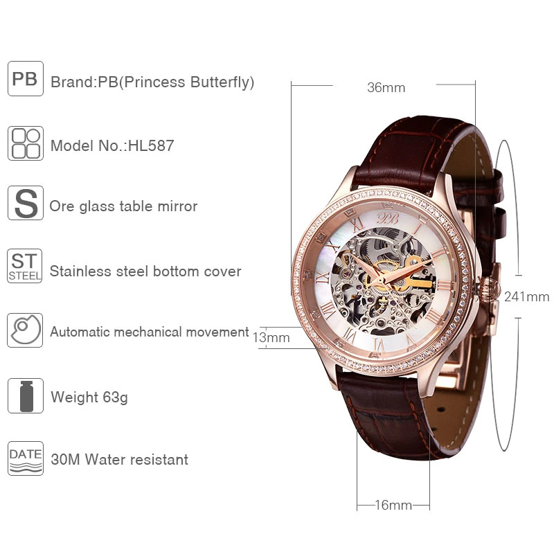 PB montre femme mécanique automatique évider bracelet femme en cuir cristal quartz étanche luxe