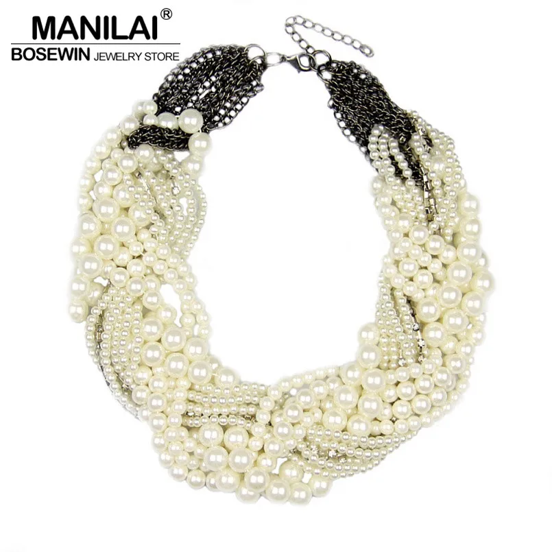 Chunky Imitation Pearl Necklace Women Handmade Fashion Rhinestones Collar Chokers Necklaces Statement Jewelry Bijoux MANILAI