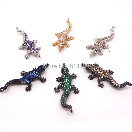 

30x14mm Micro Pave Brass Metal Zircon CZ Crystal Lizard Shape European Charms with 2 Loops Connectors Beads DIY Findings