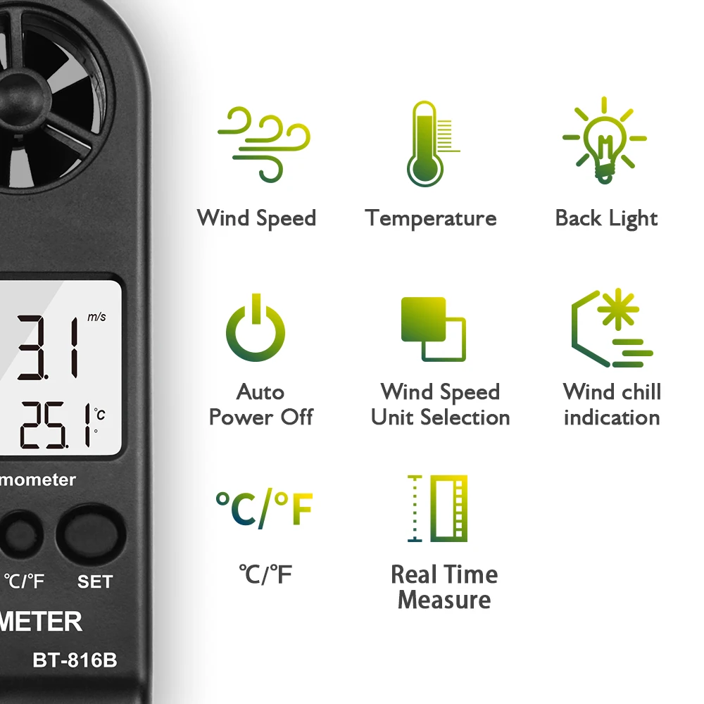 Imagem -03 - Anemômetro Portátil Medidor de Velocidade do Vento Sensor de ar Air Tester para Hvac Cfm Barco de Tiro Bemeter Pcs Bt816b