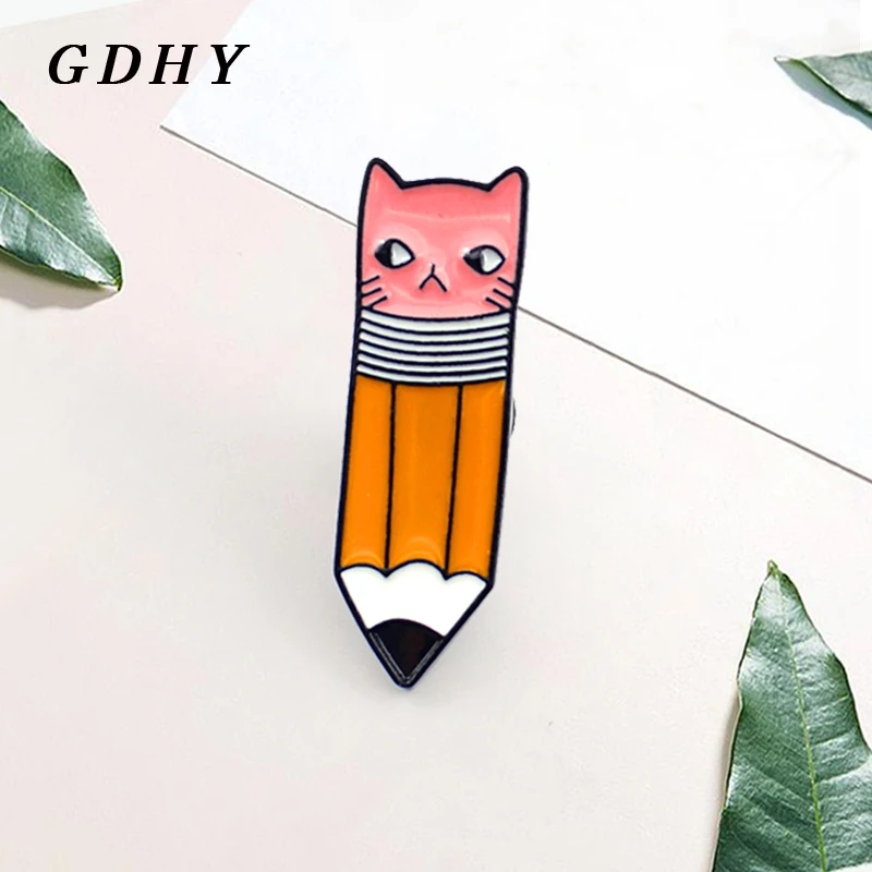 GDHY Cute Kitten Pencil Brooch Pencil With Pink Cat Face Eraser Enamel Pins Gifts For Kids Denim Sweater Backpack Jewelry